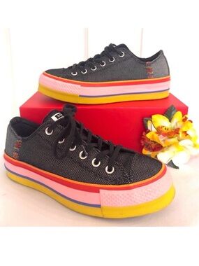 CONVERSE ~ Black Lace Up Canvas Sneakers with Multicolored Rainbow Platform